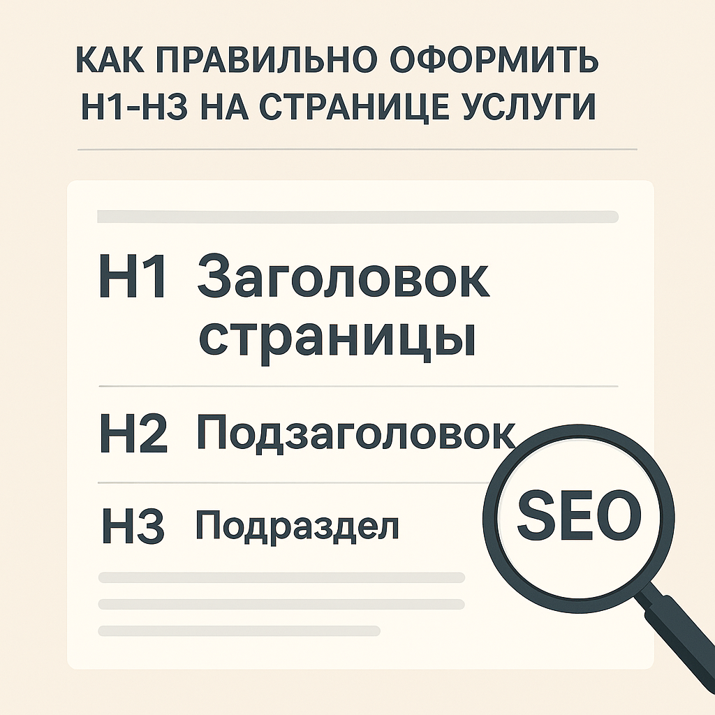 Как правильно оформить H1-H3 на странице услуги 6) Примеры структуры заголовков H1–H3 для страницы услуги: шаблоны под разные сценарии (<em>заголовки h1 h2 h3 примеры</em>)