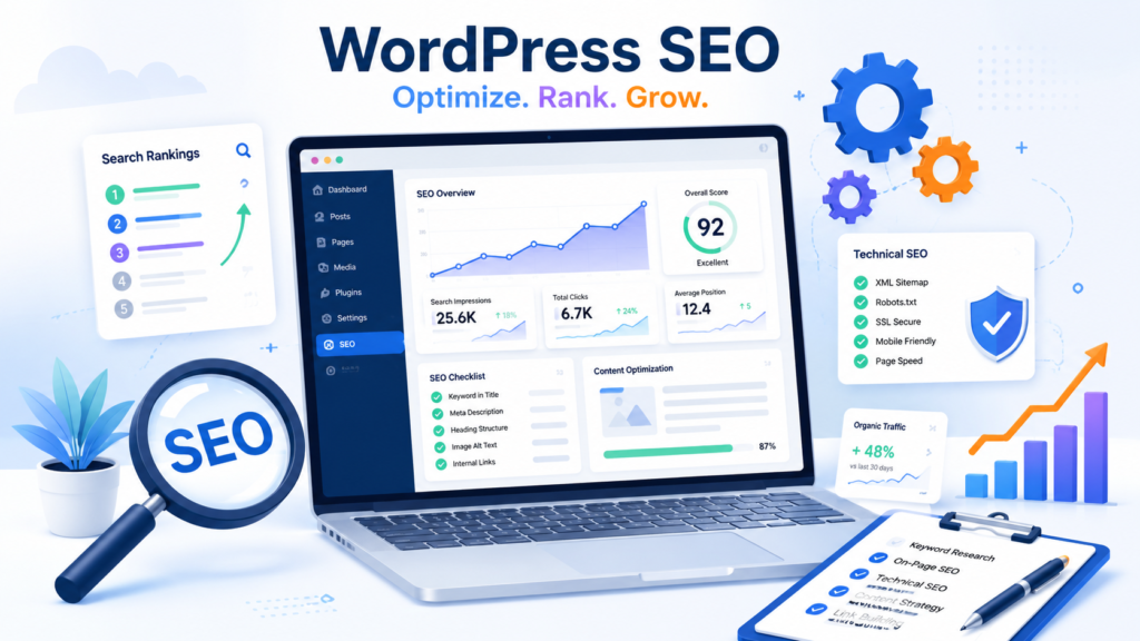 SEO для WordPress: полная оптимизация сайта на WordPress Это изображение имеет пустой атрибут alt; его имя файла - seo-dlya-wordpress-polnaya-optimizatsiya-saita-na-wordpress-1-1024x576.png