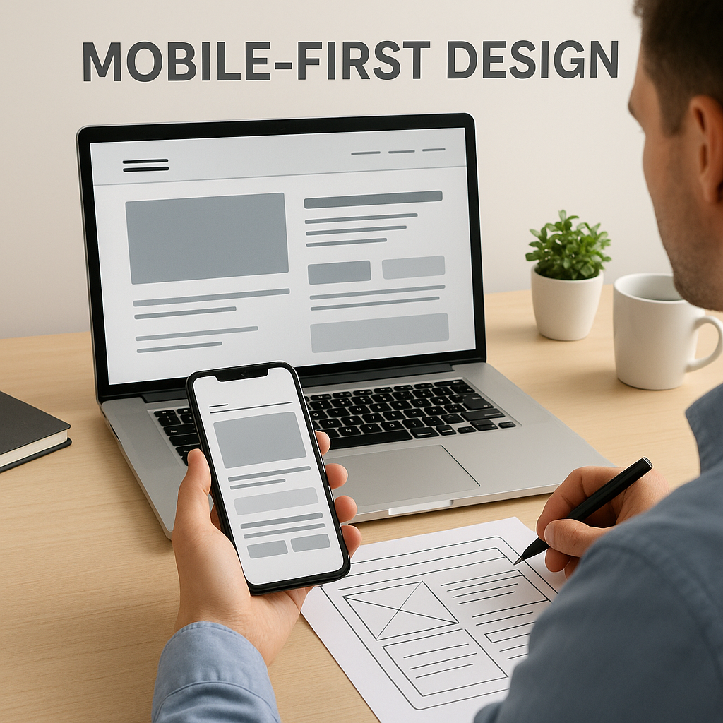 Концепция Mobile-First дизайна Иллюстрация, показывающая концепцию Mobile-First дизайна