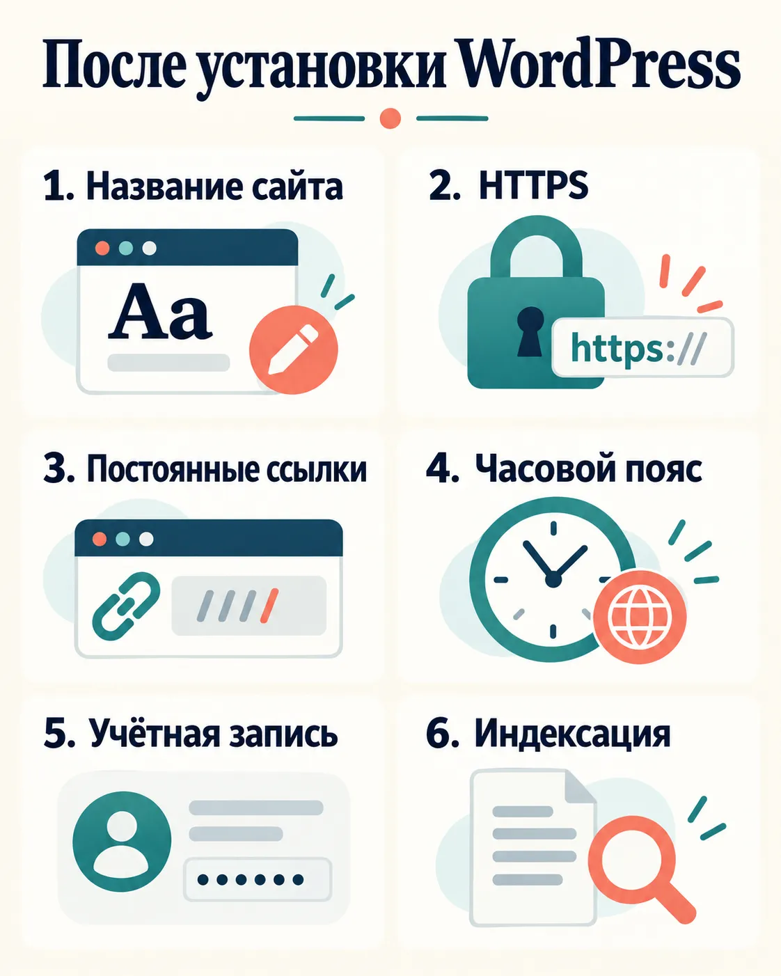 Шесть настроек WordPress после установки: название сайта, HTTPS, постоянные ссылки, часовой пояс, учётная запись и индексация